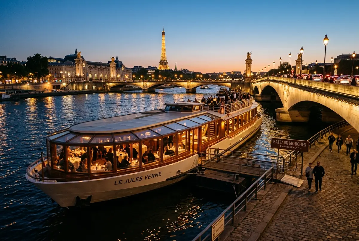 Elegant Bateaux Mouches dinner cruise boat with bay-window tables lit from inside, docked near the Alma Bridge in Paris at dusk