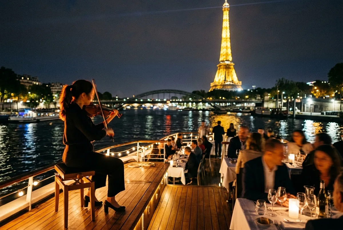 Live musician playing violin on the upper deck of a Seine dinner cruise boat as it passes the illuminated Eiffel Tower at night