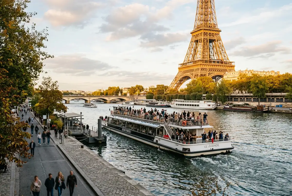 Bateaux Parisiens sightseeing cruise boat departing Port de la Bourdonnais at the foot of the Eiffel Tower in golden afternoon light