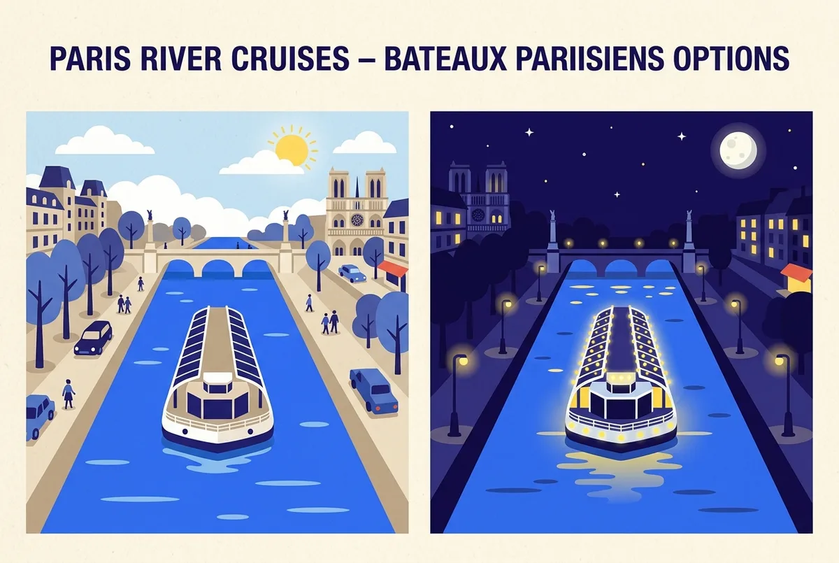 Comparison of two Bateaux Parisiens cruise options side by side: a daytime sightseeing boat and the same boat illuminated at night, with generic labels for each