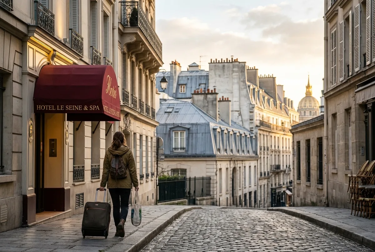 Traveler wheeling a suitcase along a seine river cruise hotel neighborhood street in central Paris, zinc rooftops and a hotel awning, soft morning light