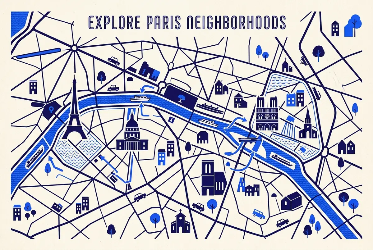 Simple map infographic of central Paris showing three hotel neighborhood zones, the 7th arrondissement near the Eiffel Tower, the Marais and Saint-Germain near Pont Neuf, and the area near Invalides, each linked to its nearest seine river cruise dock with a generic boat icon