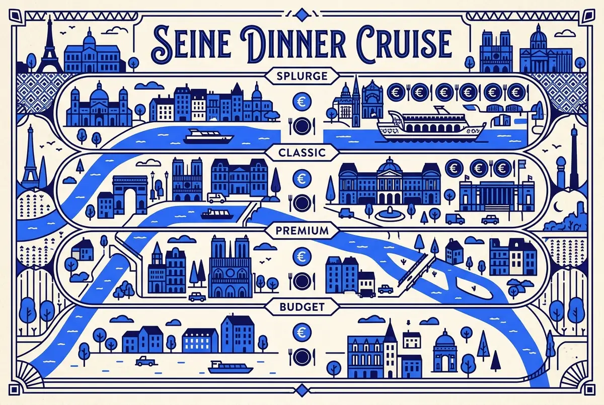 Infographie simple en échelle de prix pour les formules de dîner croisière à Paris sur la Seine, budget, classique, premium et exceptionnelle, avec des icônes génériques d'euros et de nombre de services empilées de haut en bas