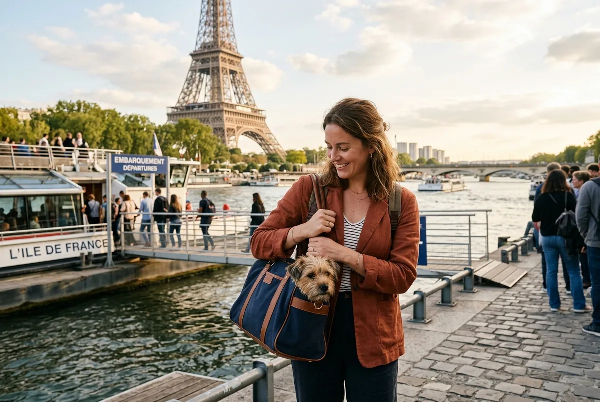 Reisender hält einen kleinen Hund in einer Tragetasche vor dem Boarding einer Bootsfahrt Paris mit Hund am Seine-Anleger, Eiffelturm in der Ferne, sanftes Nachmittagslicht
