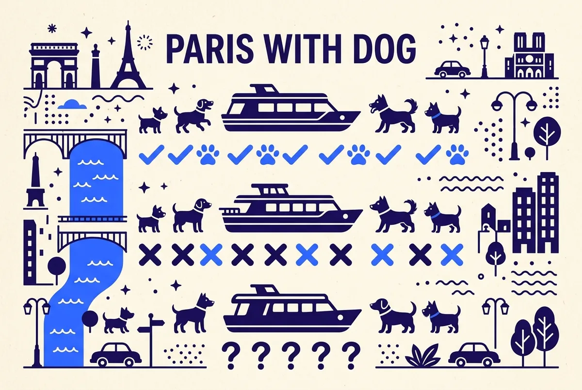 Einfache Vergleichsgrafik, die die Haustierpolitik mehrerer Seine-Bootsfahrten Paris mit Hund nebeneinander zeigt: Symbole für erlaubt, nicht erlaubt und keine Angabe, allgemeine Boots- und Hundesymbole