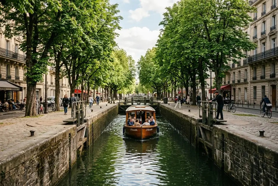 Boat passing through a Canal Saint-Martin lock lined with chestnut trees in Paris, daytime, calm water