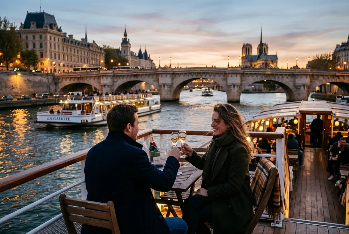 Par der skåler med champagneglas på en åben bådterrasse på Seinen, det oplyste Eiffeltårn i baggrunden, blå aftenhimmel