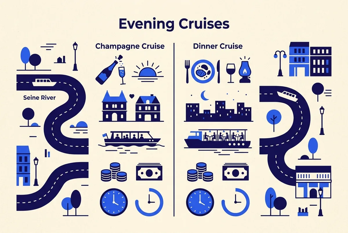 Simple comparison infographic for two Paris evening cruise options, Champagne Cruise and Dinner Cruise, showing generic price and duration icons side by side