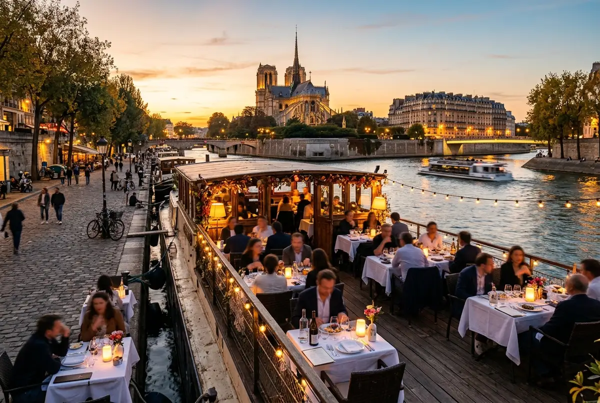 Péniche restaurant amarrée sur un quai parisien au coucher du soleil, tables dressées sur le pont extérieur pour un dîner en plein air, ambiance chaleureuse