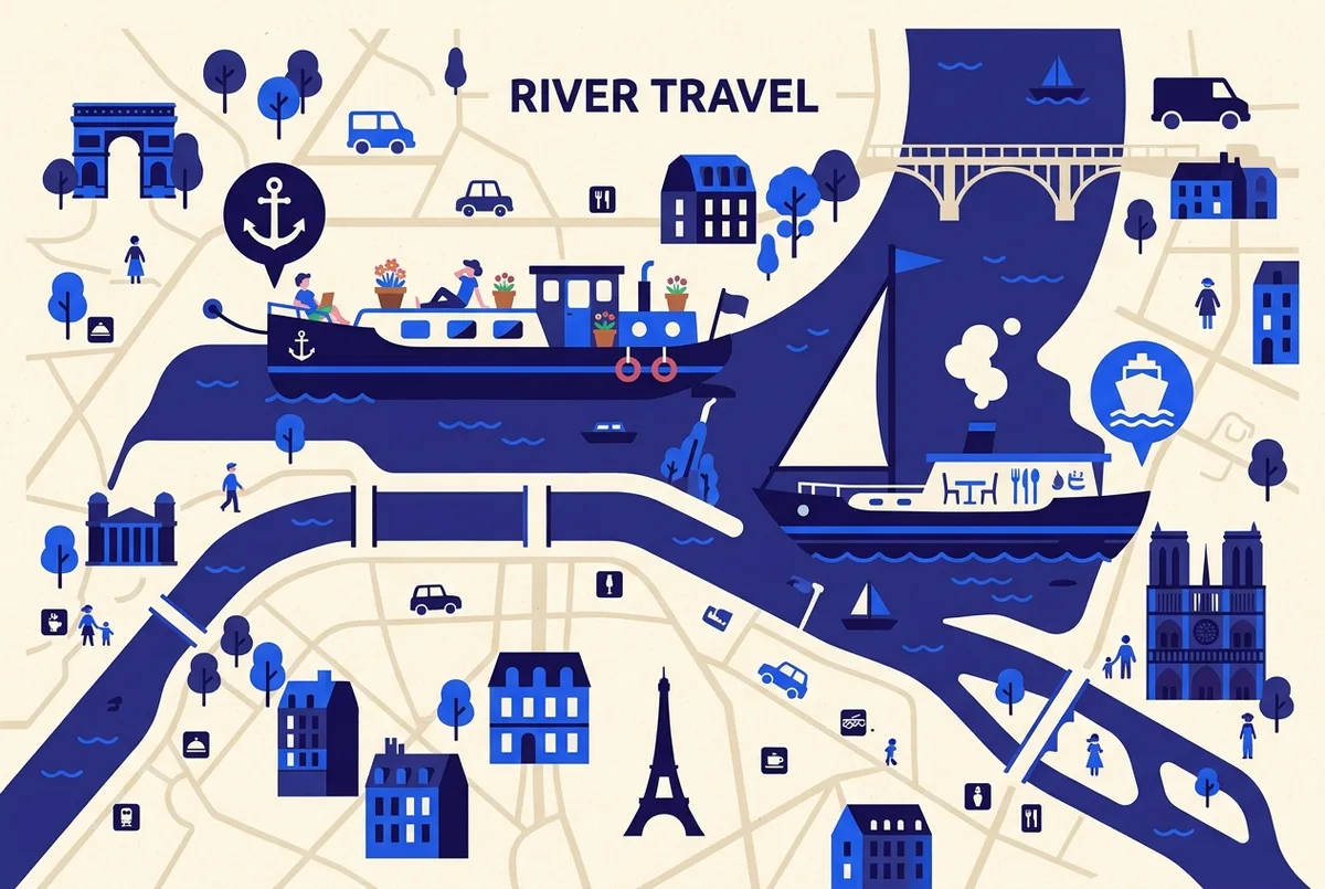 Infographie simple comparant une péniche amarrée à un bateau restaurant qui navigue sur la Seine, avec des icônes génériques d'ancre et de croisière