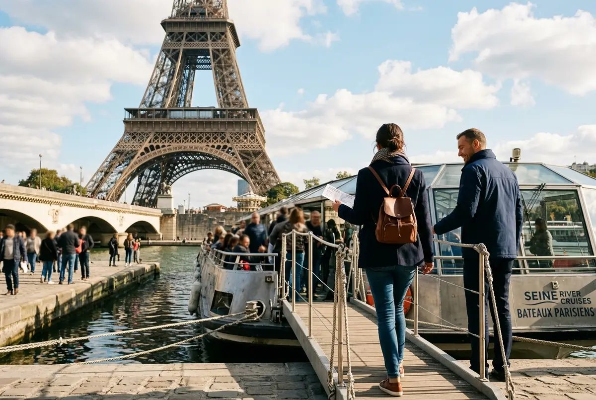 Vaixell de creuer pel Sena embarcant passatgers just al peu de la Torre Eiffel, a Port de la Bourdonnais, llum de tarda
