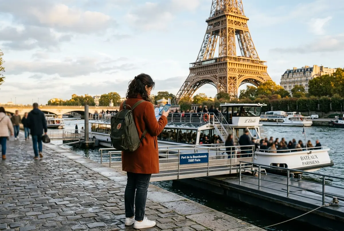 Reisender prüft die Anreise zur Seine Bootsfahrt Paris an einer Metrostation nahe dem Eiffelturm, frühmorgens