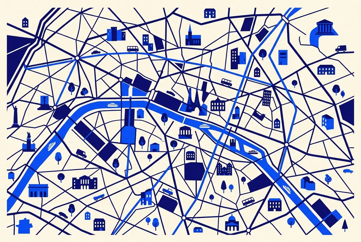 stylized transit map of Paris showing local public transport lines for getting to the seine river cruise