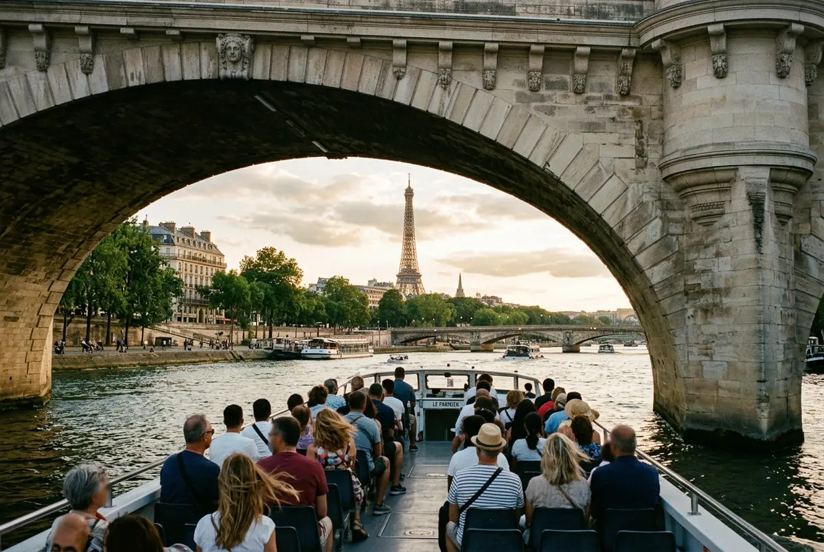 Sightseeing boat on a paris boat tour passing under a stone bridge with the Eiffel Tower visible in the distance