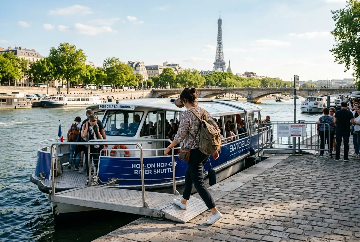 Ônibus turístico de dois andares aberto parado perto de um ponto de embarque de barco no Rio Sena em Paris, Torre Eiffel visível ao fundo, dia claro