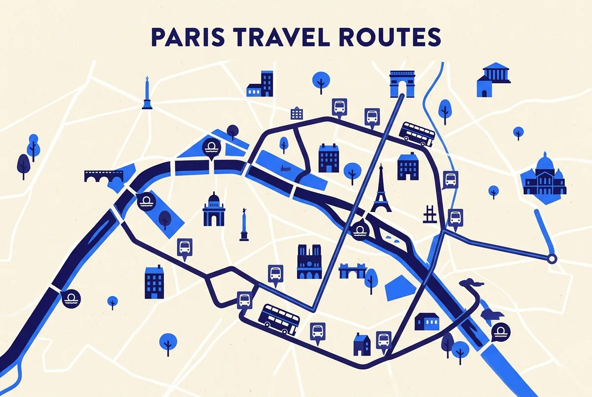 Mapa simples de Paris mostrando a rota do ônibus turístico hop-on hop-off com pontos de parada genéricos e o trecho do cruzeiro no Rio Sena, sem nomes de preço
