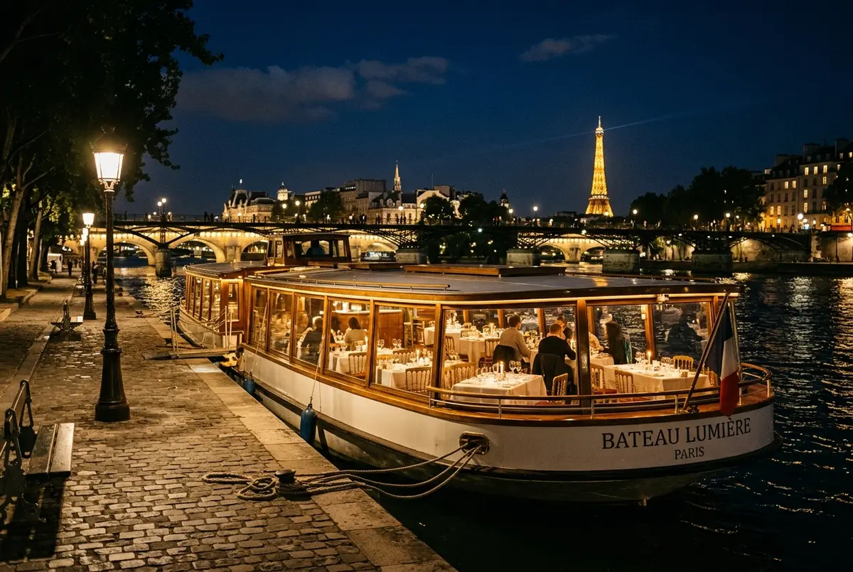 Illuminated Seine dinner cruise boat moored at a quiet Paris dock at night, set dinner tables visible through large windows