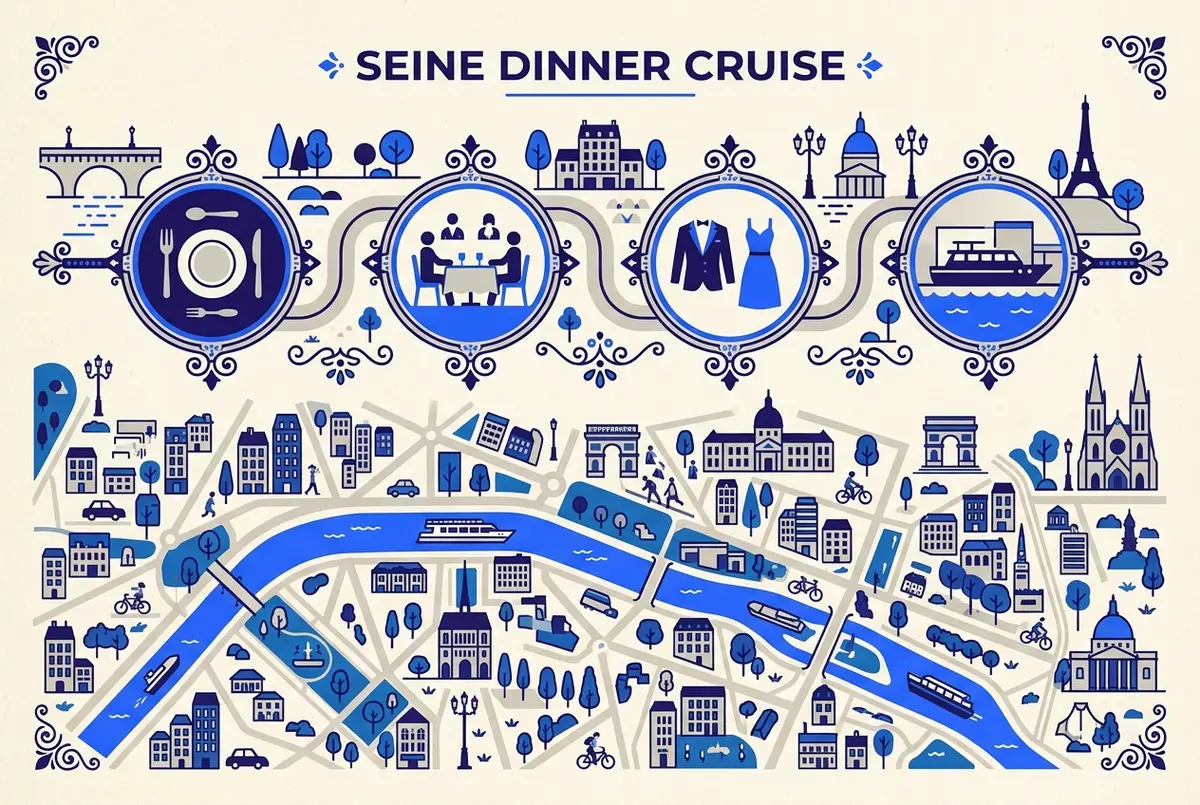 Simple checklist infographic for booking a Seine dinner cruise boat, with generic icons for menu, seating, dress code and boarding point