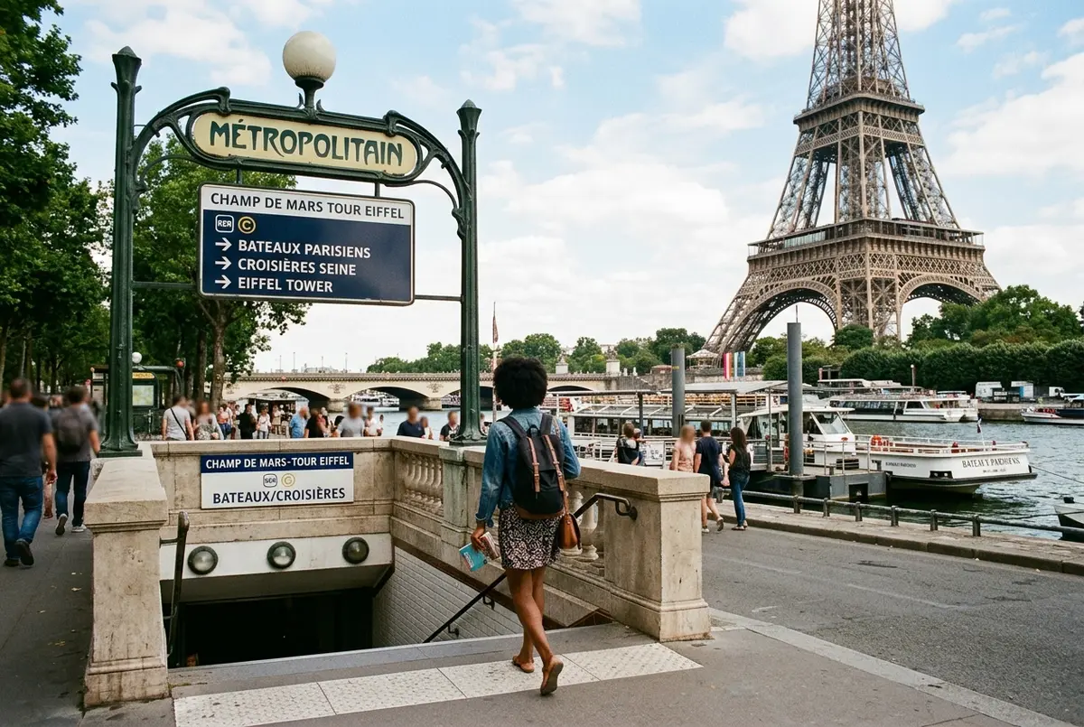 Traveler walking out of a paris metro station exit toward the seine river cruise dock at the eiffel tower, daytime, directional signage visible