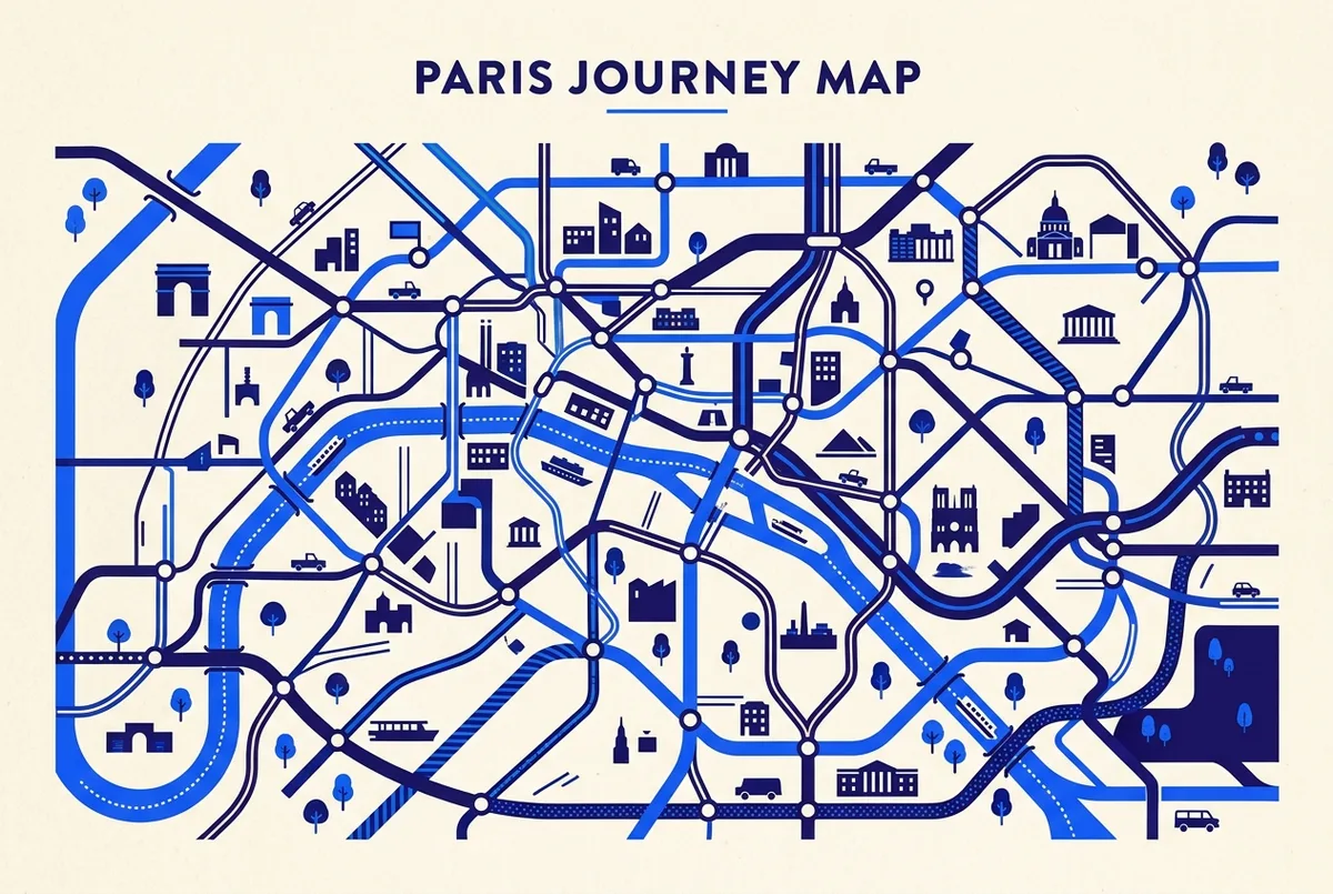 stylized transit map of Paris showing local public transport lines for metro to seine river cruise