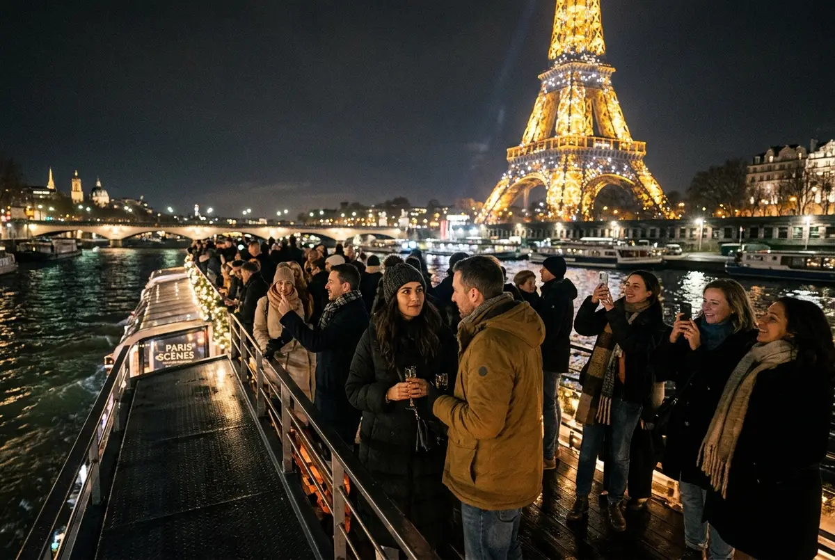 大晦日の夜、ライトアップされたエッフェル塔の近くを進むセーヌ川クルーズ船の甲板から夜景を眺める旅行者たち