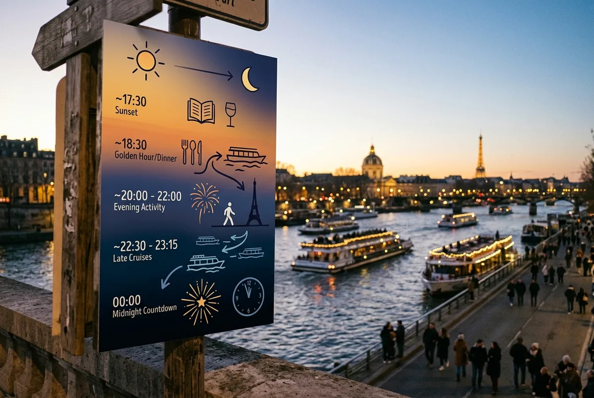 パリの主な大晦日スポットとセーヌ川クルーズの出航時間帯を示すシンプルなタイムラインイラスト、夕方から夜にかけての流れを記号で表現