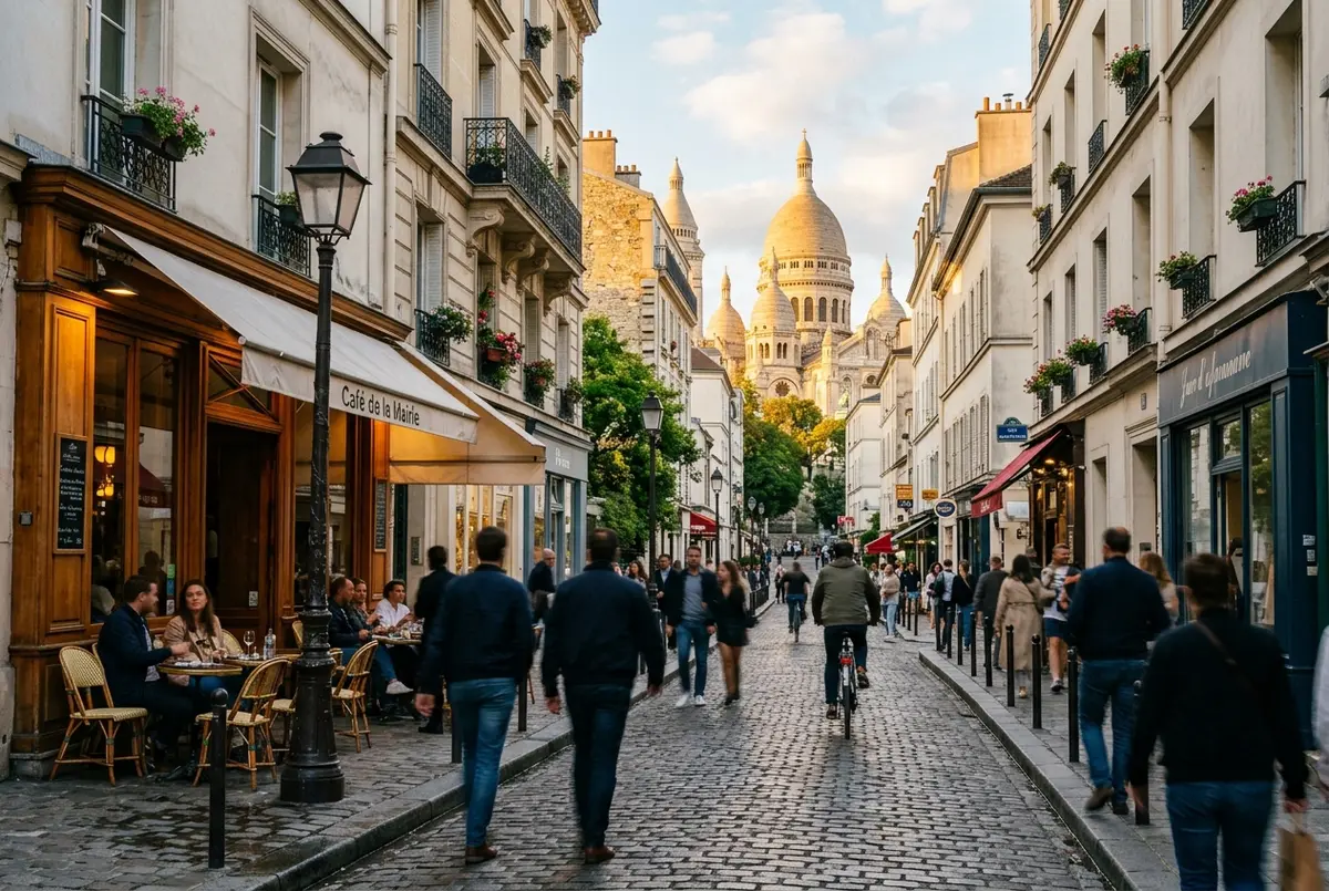 Paris'te bir seyahat acentesi vitrininde yan yana duran bir Seine nehri tekne turu afişi ve bir Benelüks otobüs turu broşürü, gündüz ışığında