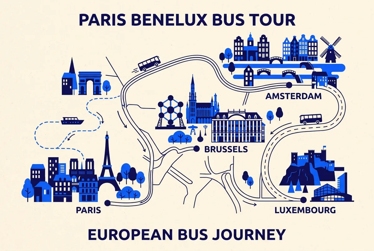 Paris'ten başlayan çok günlük bir Benelüks otobüs turu rotasını Brüksel, Amsterdam ve Lüksemburg üzerinden gösteren basit harita infografiği, kısa Seine nehri turu rotasının yanında