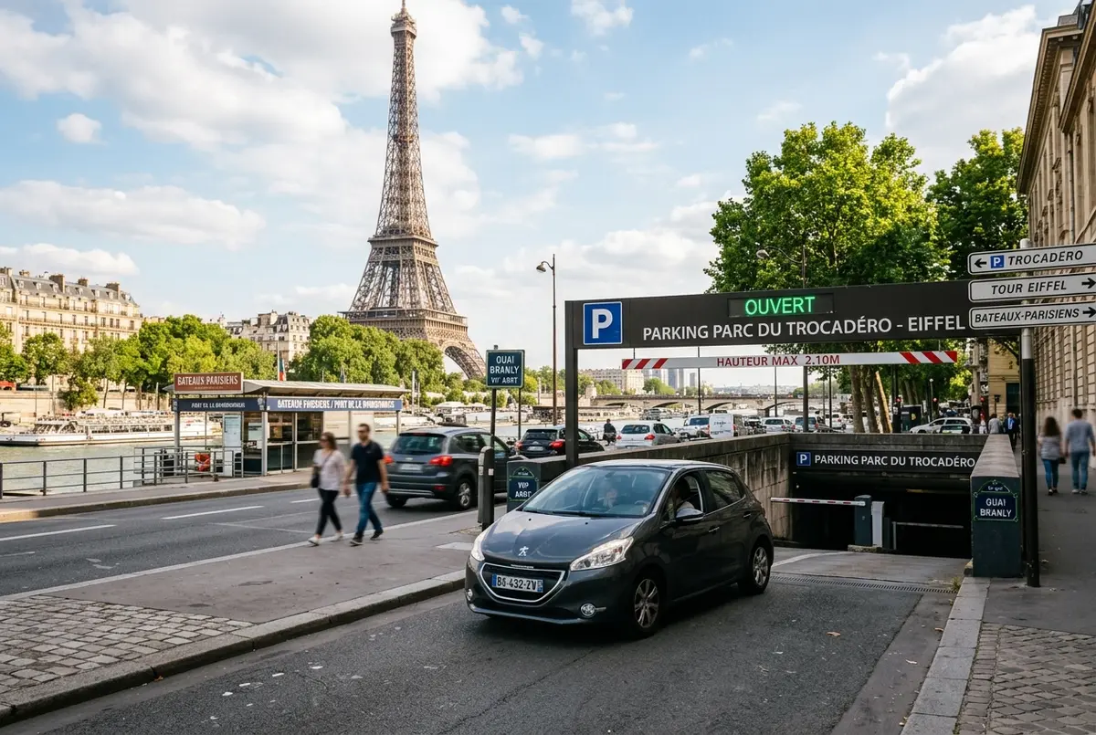 Car entering a paid underground parking garage near the Eiffel Tower seine river cruise dock, daytime, Paris street signage visible