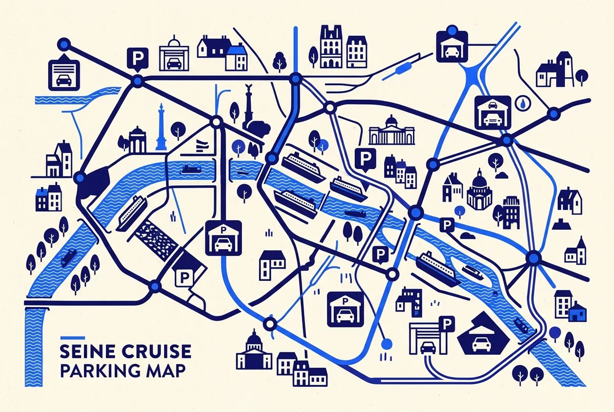 stylized transit map of Paris showing local public transport lines for parking for seine river cruise