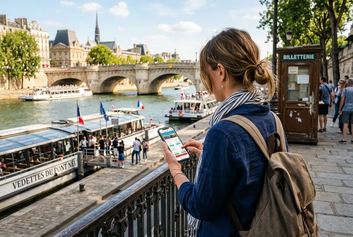 Traveler comparing seine river cruise ticket options on a phone at a sunny Pont Neuf dock in Paris, tour boats moored in the background