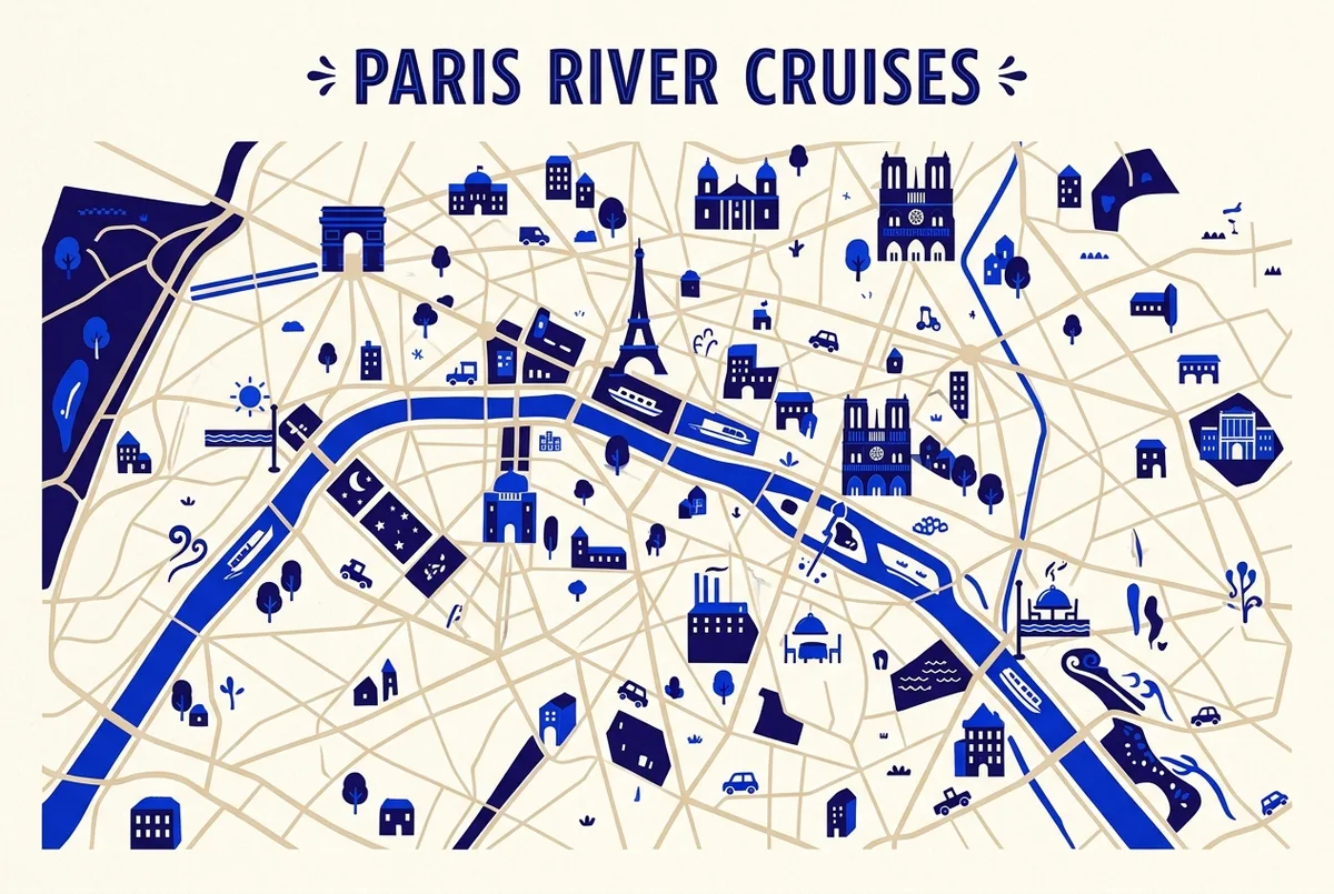 Simple infographic map of central Paris marking four seine river cruise ticket categories, day cruise, evening cruise, dinner cruise, and specialty cruise, with generic dock icons placed along the river