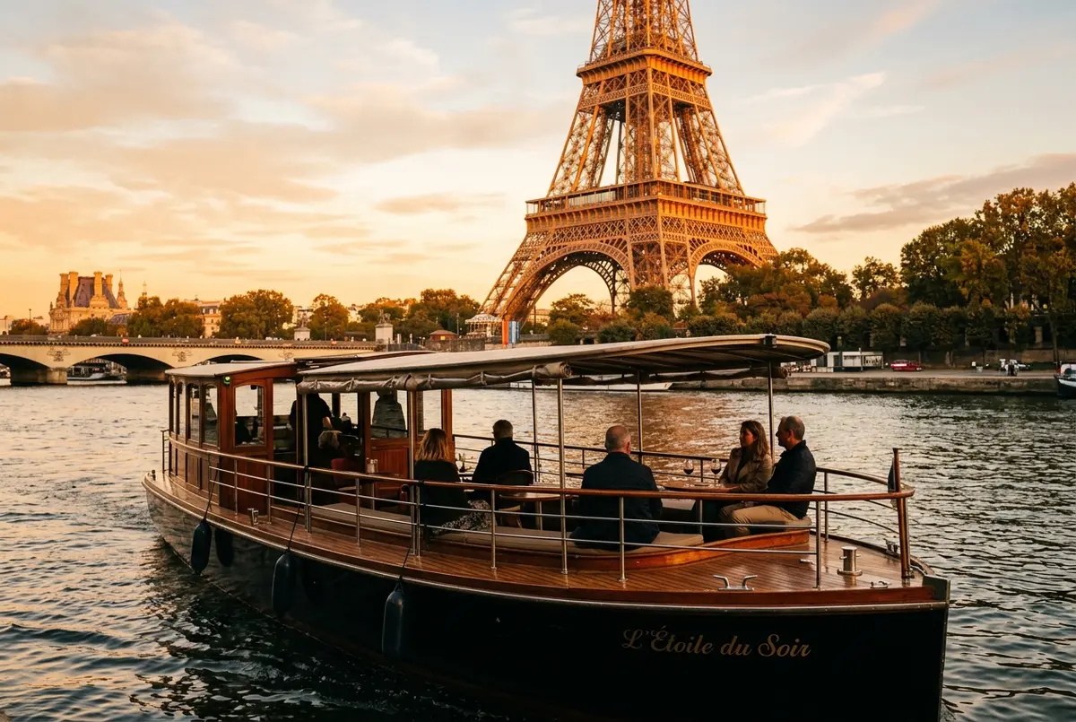 Small private-feeling Seine river cruise boat with just a few passengers near the Eiffel Tower at golden hour, no crowd on deck