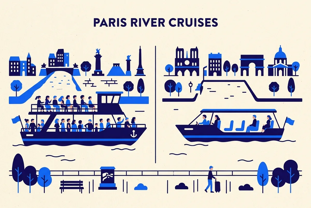 Simple comparison infographic showing a large shared Seine cruise boat crowded with passengers next to a smaller limited-capacity boat with a few seats, generic icons, no prices