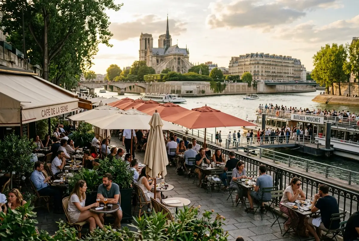 Outdoor cafe terrace near a seine river cruise dock in central Paris, diners seated under umbrellas, late afternoon light