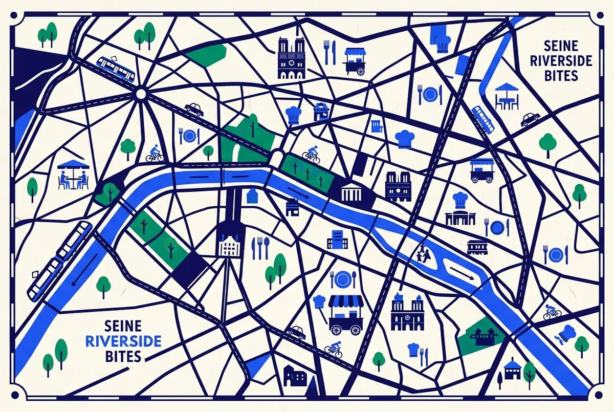 illustrated map of Paris highlights for Where to Eat Near the Seine River Cruise Docks, restaurants near seine river cruise