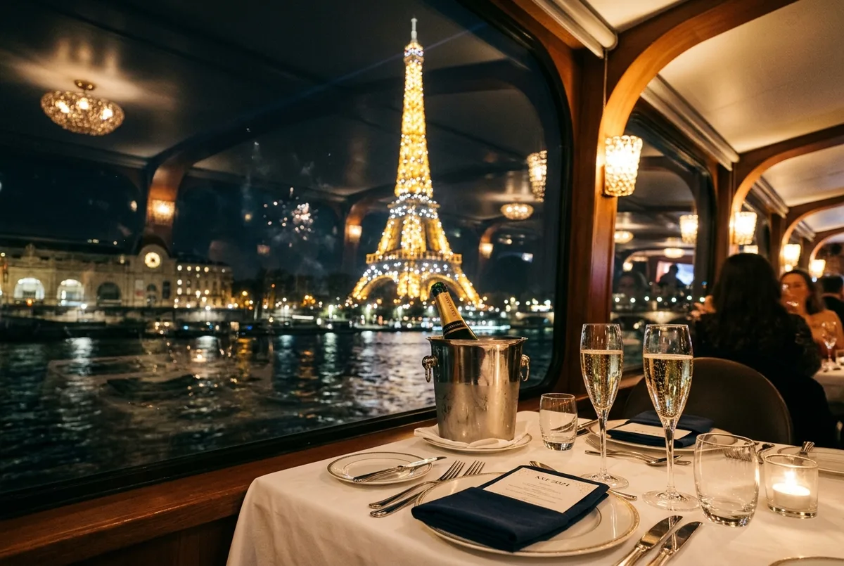 Mesa posta com taças de champanhe a bordo de um cruzeiro de Réveillon no Rio Sena, com a Torre Eiffel iluminada visível pela janela, noite de Ano Novo