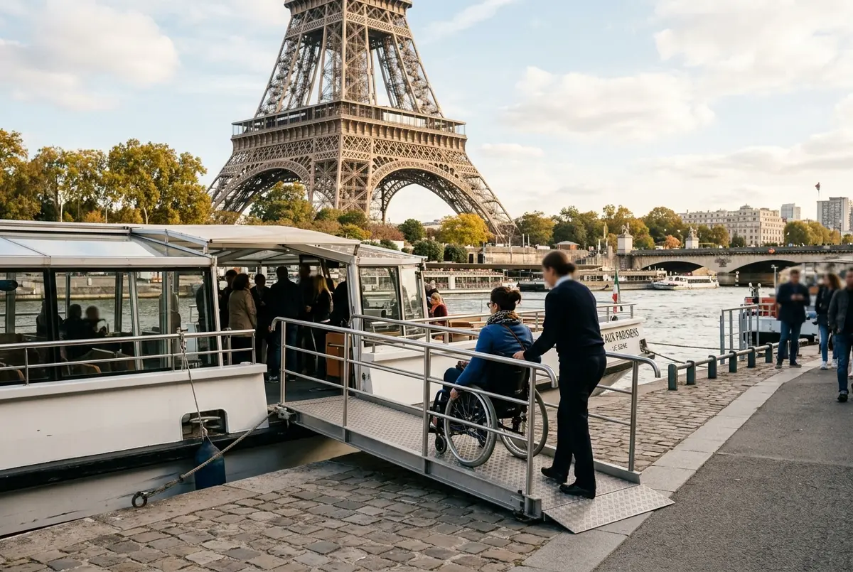 Wheelchair user boarding an accessible seine river cruise boat at Port de la Bourdonnais near the Eiffel Tower, ramp visible, daytime