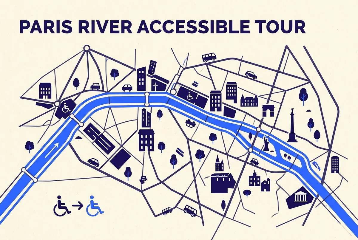 stylized transit map of Paris showing local public transport lines for wheelchair accessible seine river cruise