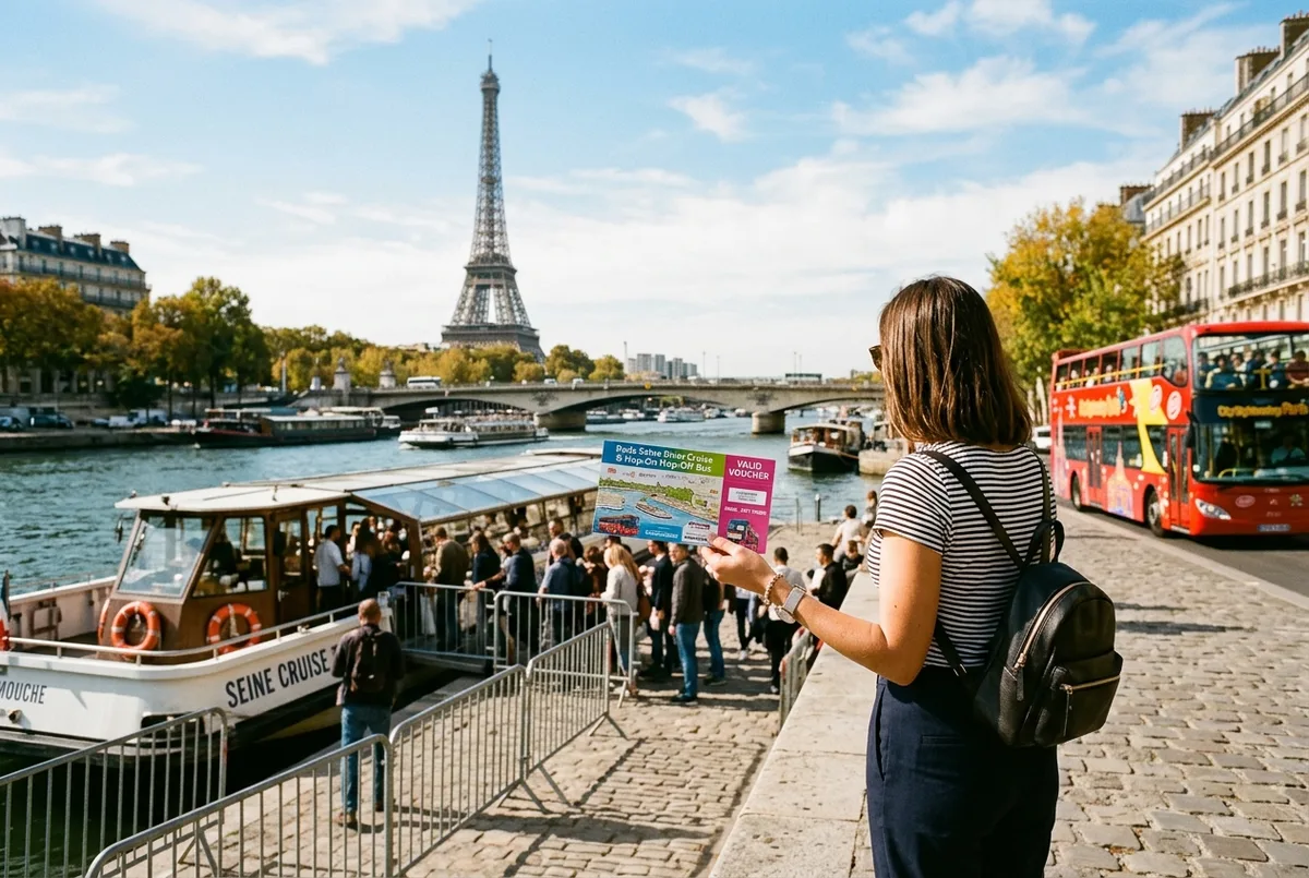 Traveler holding a Seine river cruise combo ticket voucher at a dock with the Eiffel Tower and a hop on hop off bus visible nearby, daytime
