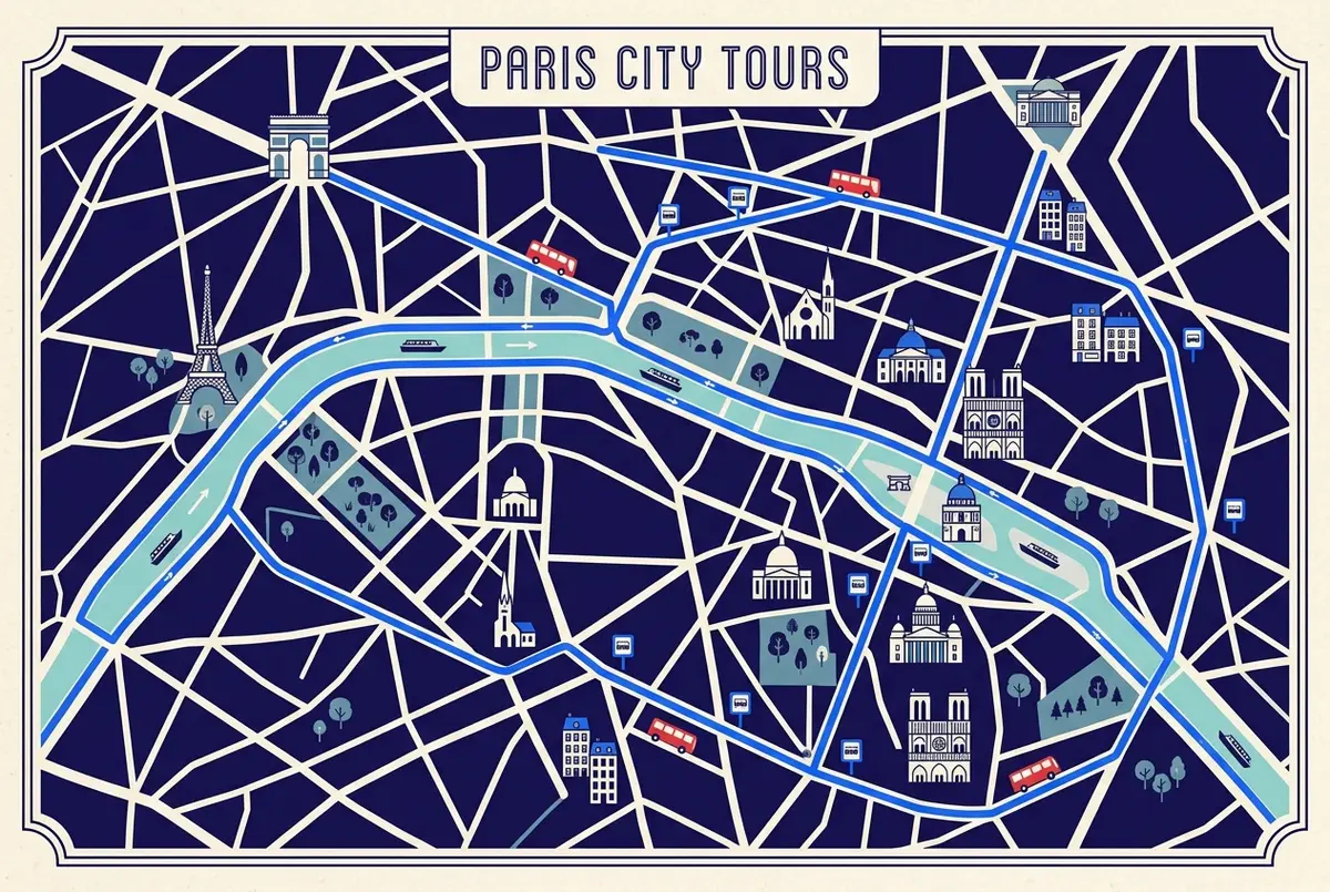 Simple route map infographic showing a Seine river cruise loop from the Eiffel Tower alongside a separate hop on hop off bus loop through central Paris, generic icons, no text other than place labels