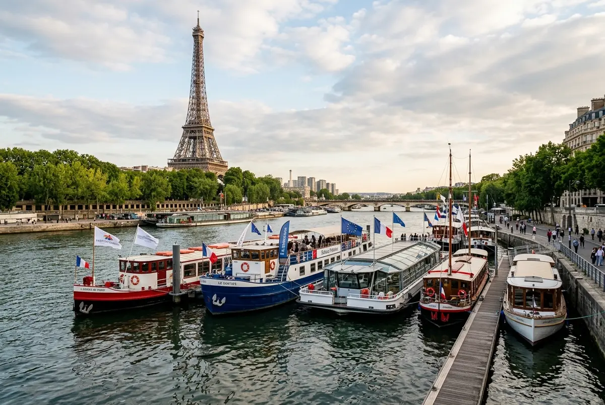 Række af forskellige rederibåde på Seinen fortøjet nær Eiffeltårnet i Paris, hver med sit eget flag og design, i dagslys