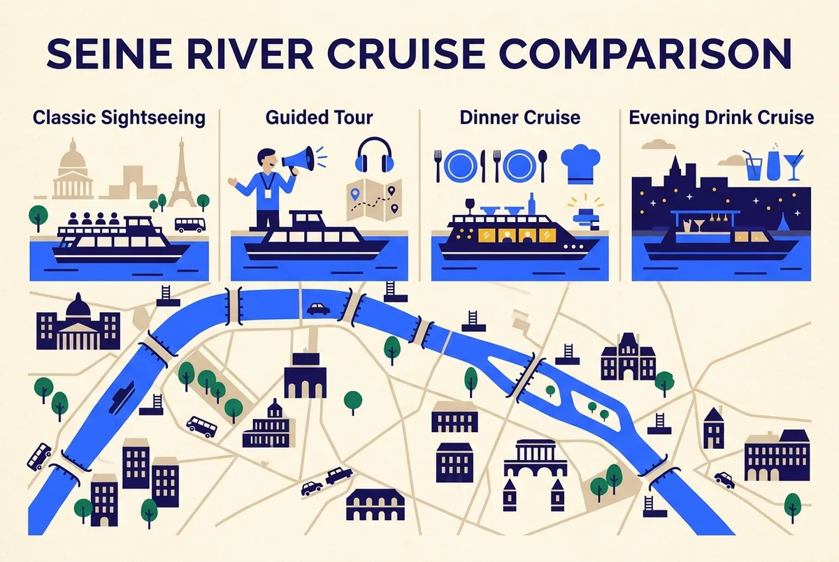 Simple comparison graphic for four Seine cruise formats in Paris: Classic Sightseeing, Guided Tour, Dinner Cruise and Evening Drink Cruise, with generic duration and dock icons
