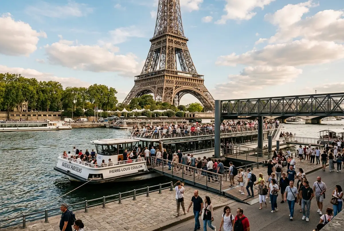 Weiter Tagesblick auf die Seine Bootsfahrt Paris Abfahrt am Port de la Bourdonnais unterhalb des Eiffelturms, Touristen beim Boarding