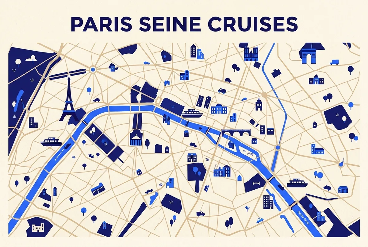Mappa semplice di Parigi che mostra i tre punti di imbarco principali per una crociera sulla senna: Torre Eiffel, Pont Neuf e Pont de l'Alma, con icone generiche di pontile e battello