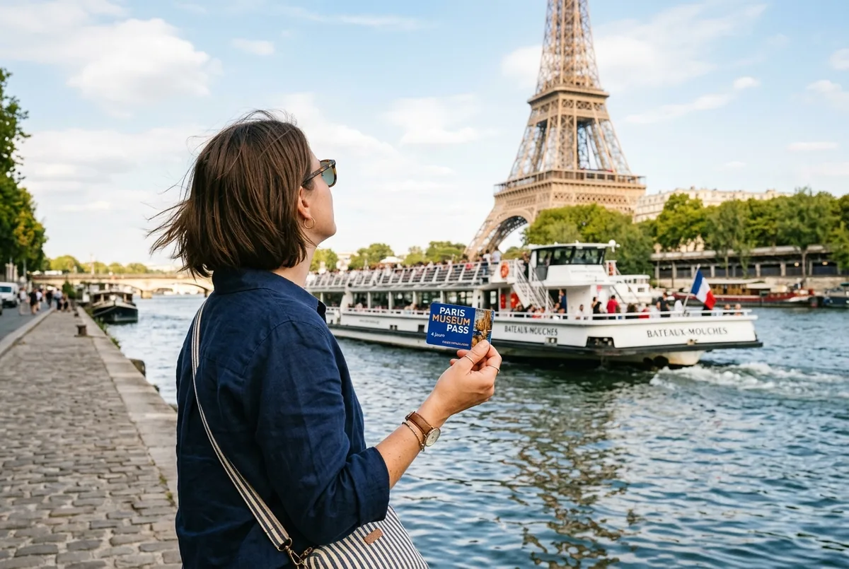 パリミュージアムパスのカードを手に持ちながらエッフェル塔発のセーヌ川クルーズ船を見上げる旅行者、日中の柔らかい光