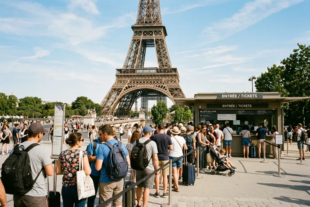 エッフェル塔の麓の乗り場で当日券の窓口に並ぶ旅行者たちの列、日中の明るい光の中で順番を待つ様子