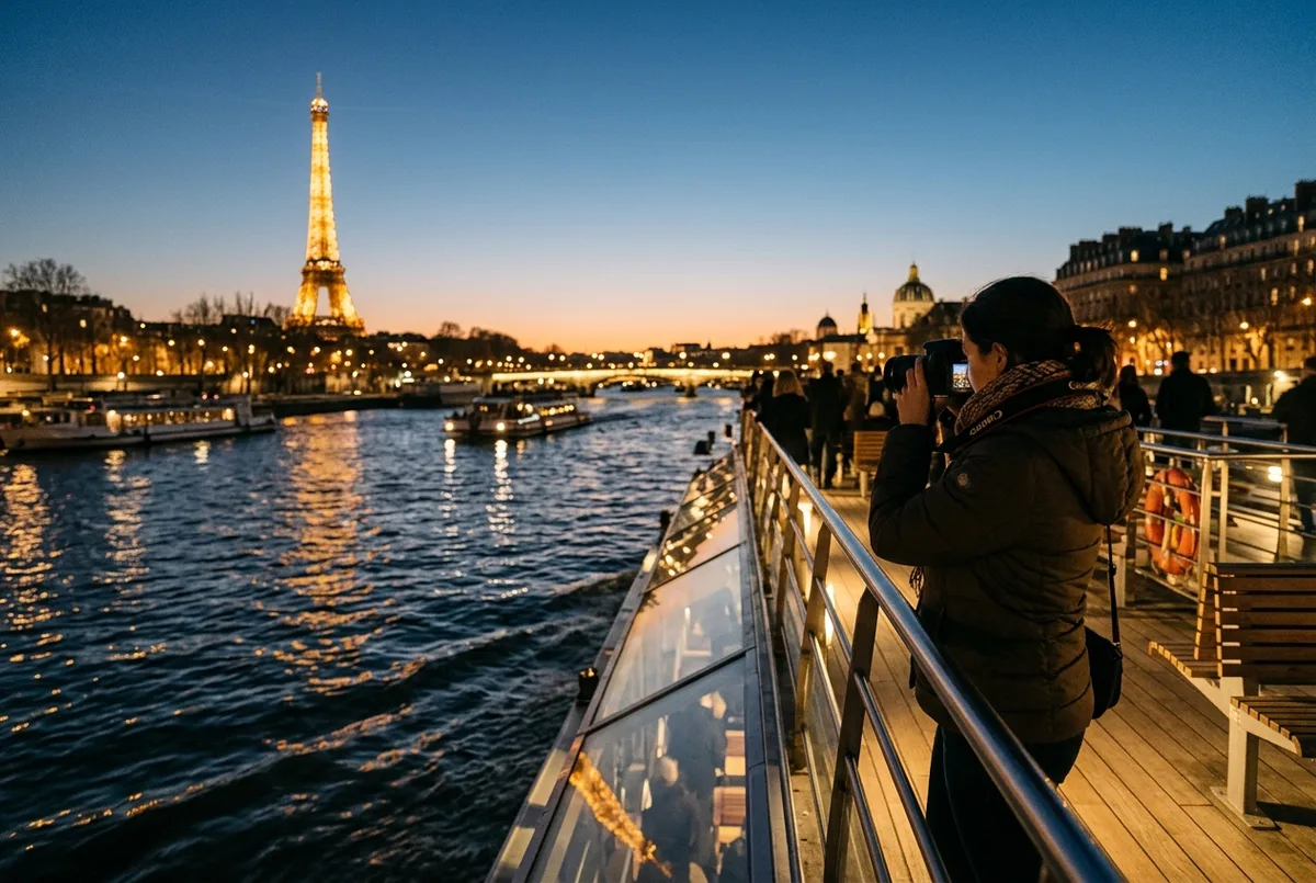 Traveler on the open deck of a seine river cruise boat photographing the illuminated Eiffel Tower from a distance at dusk, Paris skyline reflected on the water