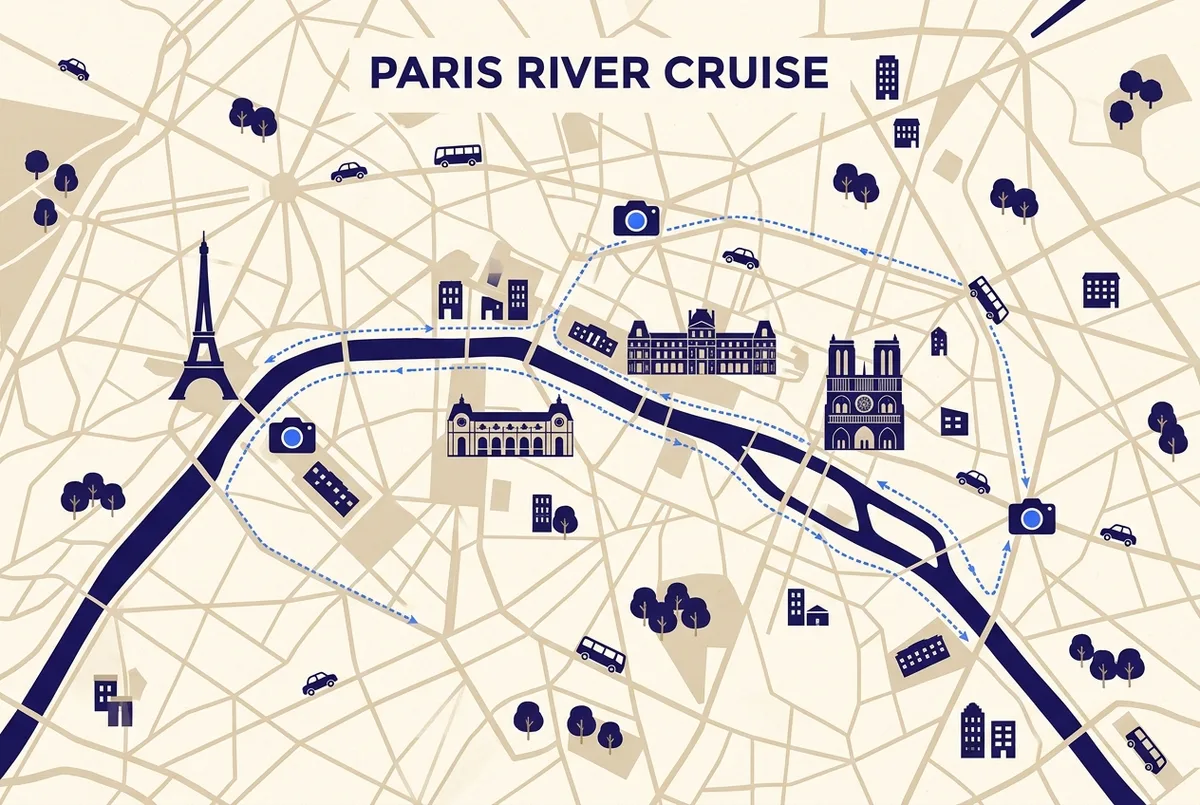 Simple route-map infographic of central Paris marking the Eiffel Tower, Notre-Dame, the Louvre, and Musee d'Orsay along a seine river cruise loop, with a generic camera icon at the two best photo points