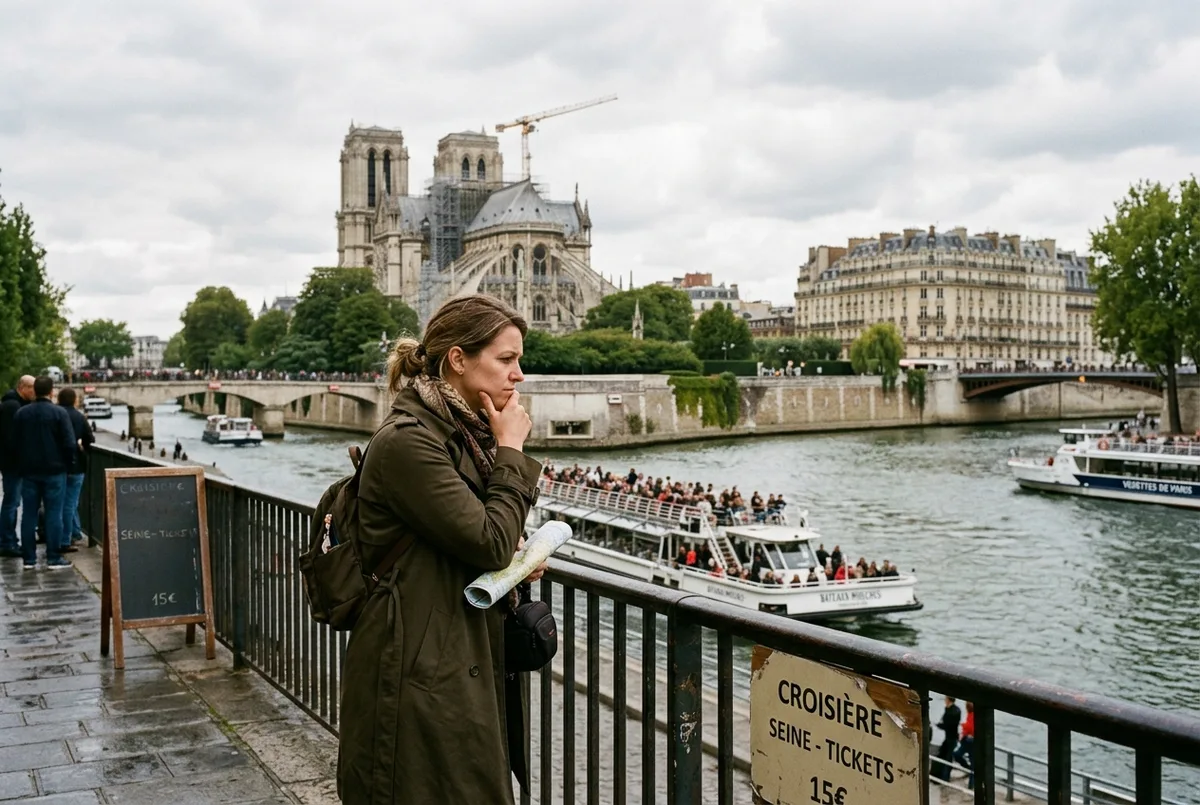 Viaggiatore pensieroso seduto sul ponte scoperto di un battello turistico sulla senna, taccuino in mano, torre eiffel visibile in lontananza, luce del tardo pomeriggio